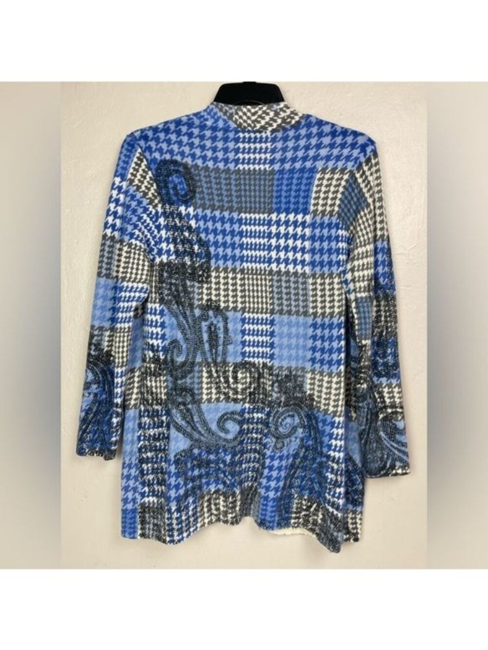 Talbots Merino Wool Blue Paisley Houndstooth Open Cardigan Women's 1X black whit - Picture 2 of 7